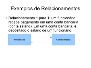 Exemplos de Relacionamentos 
● Relacionamento 1 para 1: um funcionário 
recebe pagamento em uma conta bancária 
(conta salário). Em uma conta bancária, é 
depositado o salário de um funcionário. 
Funcionário 1 
1 
Conta Bancária 
 