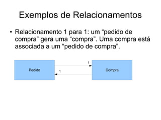 Exemplos de Relacionamentos 
● Relacionamento 1 para 1: um “pedido de 
compra” gera uma “compra”. Uma compra está 
associada a um “pedido de compra”. 
Pedido 1 
1 
Compra 
 