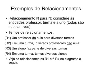 Exemplos de Relacionamentos 
● Relacionamento N para N: considere as 
entidades professor, turma e aluno (todos são 
substantivos). 
● Temos os relacionamentos: 
(R1) Um professor dá aula para diversas turmas 
(R2) Em uma turma, diversos professores dão aula 
(R3) Um aluno faz parte de diversas turmas 
(R4) Em uma turma, temos diversos alunos 
● Veja os relacionamentos R1 até R4 no diagrama a 
seguir. 
 
