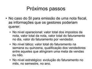 Próximos passos 
● No caso do SI para emissão de uma nota fiscal, 
as informações que os gestores poderiam 
querer: 
● No nível operacional: valor total dos impostos da 
nota, valor total da nota, valor total do faturamento 
no dia, valor do faturamento por vendedor. 
● No nível tático: valor total do faturamento na 
semana ou quinzena, qualificação dos vendedores 
entre aqueles que atingiram uma meta de vendas 
ou não. 
● No nível estratégico: evolução do faturamento no 
mês, no semestre, no ano. 
 