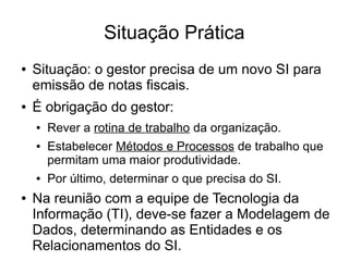 Situação Prática 
● Situação: o gestor precisa de um novo SI para 
emissão de notas fiscais. 
● É obrigação do gestor: 
● Rever a rotina de trabalho da organização. 
● Estabelecer Métodos e Processos de trabalho que 
permitam uma maior produtividade. 
● Por último, determinar o que precisa do SI. 
● Na reunião com a equipe de Tecnologia da 
Informação (TI), deve-se fazer a Modelagem de 
Dados, determinando as Entidades e os 
Relacionamentos do SI. 
 