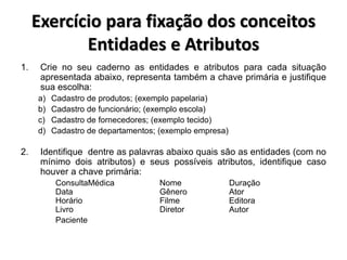 Exercício para fixação dos conceitos
Entidades e Atributos
1. Crie no seu caderno as entidades e atributos para cada situação
apresentada abaixo, representa também a chave primária e justifique
sua escolha:
a) Cadastro de produtos; (exemplo papelaria)
b) Cadastro de funcionário; (exemplo escola)
c) Cadastro de fornecedores; (exemplo tecido)
d) Cadastro de departamentos; (exemplo empresa)
2. Identifique dentre as palavras abaixo quais são as entidades (com no
mínimo dois atributos) e seus possíveis atributos, identifique caso
houver a chave primária:
ConsultaMédica Nome Duração
Data Gênero Ator
Horário Filme Editora
Livro Diretor Autor
Paciente
 