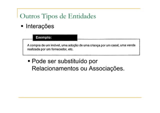 Interações
Pode ser substituído por
Relacionamentos ou Associações.
Outros Tipos de Entidades
 