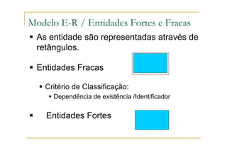 As entidade são representadas através de
retângulos.
Entidades Fracas
Critério de Classificação:
Dependência de existência /Identificador
Entidades Fortes
Modelo E-R / Entidades Fortes e Fracas
 