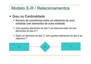 Grau ou Cardinalidade
Número de ocorrências entre um elemento de uma
entidade com elementos de outra entidade
Com quantos elementos do tipo Y se relaciona cada um dos
elementos do tipo X ?
Dado um elemento do tipo Y, com quantos elementos do tipo X se
relaciona ?
X Y
R
Modelo E-R / Relacionamentos
 