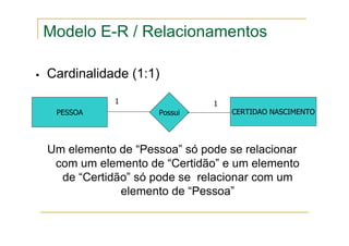 Cardinalidade (1:1)
PESSOA CERTIDAO NASCIMENTO
Possui
1 1
Um elemento de “Pessoa” só pode se relacionar
com um elemento de “Certidão” e um elemento
de “Certidão” só pode se relacionar com um
elemento de “Pessoa”
Modelo E-R / Relacionamentos
 