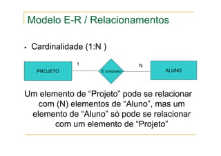 Cardinalidade (1:N )
PROJETO ALUNO
É composto
1 N
Um elemento de “Projeto” pode se relacionar
com (N) elementos de “Aluno”, mas um
elemento de “Aluno” só pode se relacionar
com um elemento de “Projeto”
Modelo E-R / Relacionamentos
 