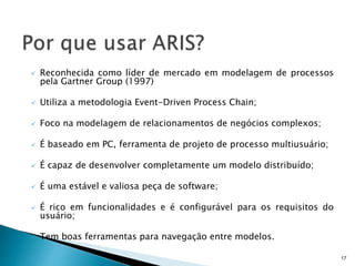  Reconhecida como líder de mercado em modelagem de processos
pela Gartner Group (1997)
 Utiliza a metodologia Event-Driven Process Chain;
 Foco na modelagem de relacionamentos de negócios complexos;
 É baseado em PC, ferramenta de projeto de processo multiusuário;
 É capaz de desenvolver completamente um modelo distribuído;
 É uma estável e valiosa peça de software;
 É rico em funcionalidades e é configurável para os requisitos do
usuário;
 Tem boas ferramentas para navegação entre modelos.
17
 