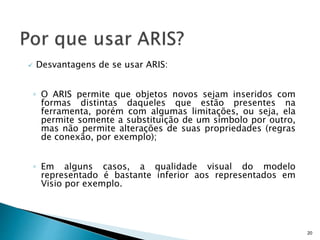  Desvantagens de se usar ARIS:
◦ O ARIS permite que objetos novos sejam inseridos com
formas distintas daqueles que estão presentes na
ferramenta, porém com algumas limitações, ou seja, ela
permite somente a substituição de um símbolo por outro,
mas não permite alterações de suas propriedades (regras
de conexão, por exemplo);
◦ Em alguns casos, a qualidade visual do modelo
representado é bastante inferior aos representados em
Visio por exemplo.
20
 