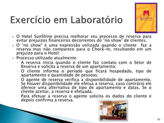  O Hotel SunShine precisa melhorar seu processo de reserva para
evitar prejuízos financeiros decorrentes do “no show” de clientes.
 O “no show” é uma expressão utilizada quando o cliente faz a
reserva mas não comparece para o Check-In, resultando em um
prejuízo para o Hotel:
 Processo utilizado atualmente:
◦ A reserva inicia quando o cliente faz contato com o Setor de
Reserva e solicita a reserva de um apartamento;
◦ O cliente informa o período que ficará hospedado, tipo de
apartamento e quantidade de pessoas;
◦ O agente de reserva verifica a disponibilidade de apartamento.
Se houver disponibilidade ele efetua a reserva, caso contrário ele
oferece uma alternativa de tipo de apartamento e datas. Se o
cliente aceitar, a reserva é efetuada.
◦ Para efetuar a reserva o agente solicita os dados do cliente e
depois confirma a reserva.
30
 