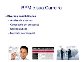BPM e sua Carreira 
Diversas possibilidades 
– Análise de sistemas 
– Consultoria em processos 
– Serviço público 
– Mercado internacional 
 
