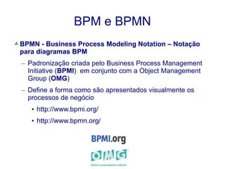 BPM e BPMN 
BPMN - Business Process Modeling Notation – Notação 
para diagramas BPM 
– Padronização criada pelo Business Process Management 
Initiative (BPMI) em conjunto com a Object Management 
Group (OMG) 
– Define a forma como são apresentados visualmente os 
processos de negócio 
• http://www.bpmi.org/ 
• http://www.bpmn.org/ 
 