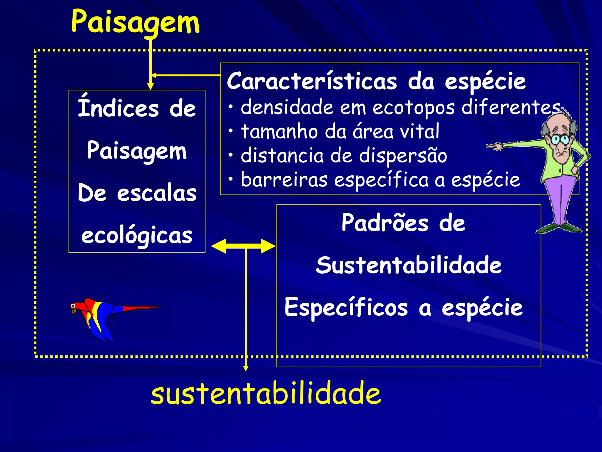 Paisagem
             Características da espécie
Índices de   • densidade em ecotopos diferentes
             • tamanho da área vital
Paisagem     • distancia de dispersão
             • barreiras específica a espécie
De escalas
                        Padrões de
ecológicas
                      Sustentabilidade
                  Específicos a espécie


      sustentabilidade
 