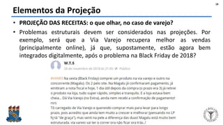 Felipe Pontes
www.contabilidademq.com.br
Elementos da Projeção
• PROJEÇÃO DAS RECEITAS: o que olhar, no caso de varejo?
• Problemas estruturais devem ser considerados nas projeções. Por
exemplo, será que a Via Varejo recupera melhor as vendas
(principalmente online), já que, supostamente, estão agora bem
integrados digitalmente, após o problema na Black Friday de 2018?
18
 