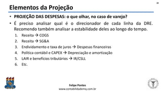 Felipe Pontes
www.contabilidademq.com.br
Elementos da Projeção
• PROJEÇÃO DAS DESPESAS: o que olhar, no caso de varejo?
• É preciso analisar qual é o direcionador de cada linha da DRE.
Recomendo também analisar a estabilidade deles ao longo do tempo.
1. Receita  COGS
2. Receita  SG&A
3. Endividamento e taxa de juros  Despesas financeiras
4. Política contábil e CAPEX  Depreciação e amortização
5. LAIR e benefícios tributários  IR/CSLL
6. Etc.
20
 