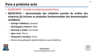 Felipe Pontes
www.contabilidademq.com.br
Para a próxima aula
• 01/05/2019 - Feriado na próxima quarta-feira;
• 08/05/2019 – Apresentação dos relatórios parciais de análise das
empresas (já incluam as projeções fundamentadas das demonstrações
contábeis):
– George e Matheus: Sanepar
– Mariângela e Patrícia: Valid
– Marcelly e André: Via Varejo
– Igor e Luiz: Fleury
– Polyandra e Gustavo: Trisul
– Alunos da graduação apresentarão os seus relatórios.
24
 