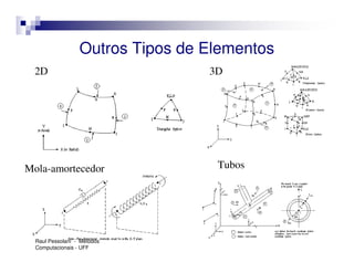 Outros Tipos de Elementos
  2D                              3D




Mola-amortecedor                   Tubos




  Raul Pessolani - Métodos
  Computacionais - UFF
 