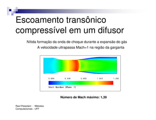 Escoamento transônico
compressível em um difusor
         Nítida formação da onda de choque durante a expansão do gás
                  A velocidade ultrapassa Mach=1 na região da garganta




                               Número de Mach máximo: 1,39

Raul Pessolani - Métodos
Computacionais - UFF
 