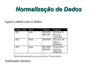 Normalização de Dados Procedimentos: a) Identificar a chave primária da entidade; b) Identificar o grupo repetitivo e removê-lo da entidade; c) Criar uma nova entidade com a chave primária da entidade anterior e o grupo repetitivo. 