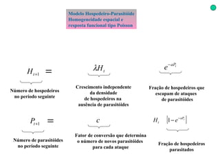 Modelo Hospedeiro-Parasitóide Homogeneidade espacial e resposta funcional tipo Poisson Número de hospedeiros no período seguinte Crescimento independente da densidade  de hospedeiros na  ausência de parasitóides Fração de hospedeiros que escapam de ataques  de parasitóides Número de parasitóides no período seguinte Fator de conversão que determina o número de novos parasitóides  para cada ataque Fração de hospedeiros parasitados 