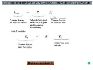 UM MODELO DE DINÂMICA POPULACIONAL INDEPENDENTE DA DENSIDADE Dinâmicas possíveis ?? Número de ovos  no início do ano t+1 Sobrevivência total média de ovos para adultos vezes a  fecundidade Número de ovos  no início do ano t Após T períodos Número de ovos  após T períodos Número de ovos  iniciais 
