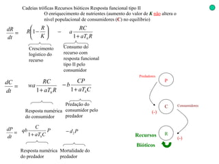 Cadeias tróficas Recursos bióticos Resposta funcional tipo II O enriquecimento de nutrientes (aumento do valor de  K   não  altera o nível populacional de consumidores ( C ) no equilíbrio) (-) (-) Resposta numérica do predador Crescimento logístico do recurso Consumo do  recurso com resposta funcional tipo II pelo  consumidor Resposta numérica do consumidor  Predação do consumidor pelo predador Mortalidade do predador  R Recursos Bióticos C Consumidores P Predadores 