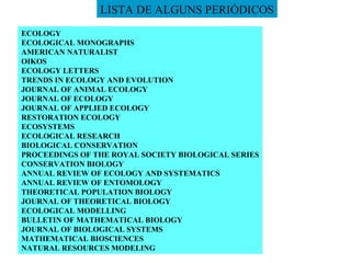 ECOLOGY ECOLOGICAL MONOGRAPHS AMERICAN NATURALIST OIKOS ECOLOGY LETTERS TRENDS IN ECOLOGY AND EVOLUTION JOURNAL OF ANIMAL ECOLOGY JOURNAL OF ECOLOGY JOURNAL OF APPLIED ECOLOGY RESTORATION ECOLOGY ECOSYSTEMS ECOLOGICAL RESEARCH BIOLOGICAL CONSERVATION PROCEEDINGS OF THE ROYAL SOCIETY BIOLOGICAL SERIES CONSERVATION BIOLOGY ANNUAL REVIEW OF ECOLOGY AND SYSTEMATICS ANNUAL REVIEW OF ENTOMOLOGY THEORETICAL POPULATION BIOLOGY JOURNAL OF THEORETICAL BIOLOGY ECOLOGICAL MODELLING BULLETIN OF MATHEMATICAL BIOLOGY JOURNAL OF BIOLOGICAL SYSTEMS MATHEMATICAL BIOSCIENCES NATURAL RESOURCES MODELING LISTA DE ALGUNS PERIÓDICOS 