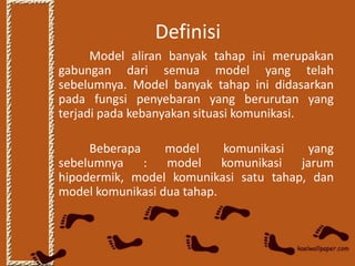 Definisi
      Model aliran banyak tahap ini merupakan
gabungan dari semua model yang telah
sebelumnya. Model banyak tahap ini didasarkan
pada fungsi penyebaran yang berurutan yang
terjadi pada kebanyakan situasi komunikasi.

     Beberapa     model     komunikasi   yang
sebelumnya : model          komunikasi jarum
hipodermik, model komunikasi satu tahap, dan
model komunikasi dua tahap.
 
