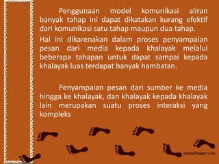 Penggunaan model komunikasi aliran
banyak tahap ini dapat dikatakan kurang efektif
dari komunikasi satu tahap maupun dua tahap.
Hal ini dikarenakan dalam proses penyampaian
pesan dari media kepada khalayak melalui
beberapa tahapan untuk dapat sampai kepada
khalayak luas terdapat banyak hambatan.

     Penyampaian pesan dari sumber ke media
hingga ke khalayak, dan khalayak kepada khalayak
lain merupakan suatu proses interaksi yang
kompleks
 