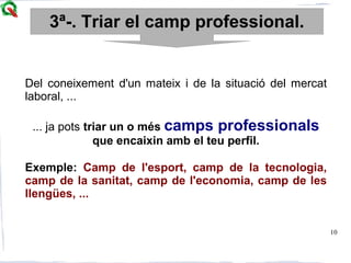 10
Del coneixement d'un mateix i de la situació del mercat
laboral, ...
... ja pots triar un o més camps professionals
que encaixin amb el teu perfil.
Exemple: Camp de l'esport, camp de la tecnologia,
camp de la sanitat, camp de l'economia, camp de les
llengües, ...
3ª-. Triar el camp professional.
 