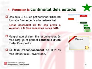 24
4.- Permeten la continuïtat dels estudis
□ Des dels CFGS es pot continuar l'itinerari
formatiu fins accedir a la universitat.
Sense necessitat de fer cap prova o
voluntari, a la fase específica de les PAU.
□ Malgrat que el camí fins la universitat és
més llarg, ja et permet l'obtenció d'una
titulació superior.
□ La taxa d'abandonament en l'FP és
molt inferior a la Universitària.
 