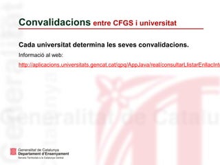 Convalidacions entre CFGS i universitat
Cada universitat determina les seves convalidacions.
Informació al web:
http://aplicacions.universitats.gencat.cat/qpq/AppJava/real/consultarLlistarEnllacInte
 