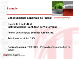 Ensenyaments Esportius de Futbol i Bàsquet.
Nivells I i II de Futbol
Institut Quercus (Sant Joan de Vilatorrada)
Amb el 2n nivell pots entrenar futbolistes.
Pràctiques en clubs: 350h
Requisits accés: Títol ESO + Prova d’accés específica de
futbol.
Exemple
 