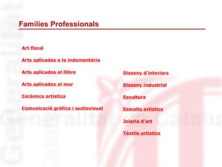 Disseny d'interiors
Disseny industrial
Escultura
Esmalts artístics
Joieria d'art
Tèxtils artistícs
Famílies Professionals
Art floral
Arts aplicades a la indumentària
Arts aplicades al llibre
Arts aplicades al mur
Ceràmica artística
Comunicació gràfica i audiovisual
 