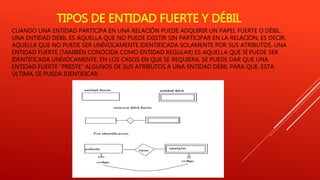 TIPOS DE ENTIDAD FUERTE Y DÉBIL
CUANDO UNA ENTIDAD PARTICIPA EN UNA RELACIÓN PUEDE ADQUIRIR UN PAPEL FUERTE O DÉBIL.
UNA ENTIDAD DÉBIL ES AQUELLA QUE NO PUEDE EXISTIR SIN PARTICIPAR EN LA RELACIÓN, ES DECIR,
AQUELLA QUE NO PUEDE SER UNÍVOCAMENTE IDENTIFICADA SOLAMENTE POR SUS ATRIBUTOS. UNA
ENTIDAD FUERTE (TAMBIÉN CONOCIDA COMO ENTIDAD REGULAR) ES AQUELLA QUE SÍ PUEDE SER
IDENTIFICADA UNÍVOCAMENTE. EN LOS CASOS EN QUE SE REQUIERA, SE PUEDE DAR QUE UNA
ENTIDAD FUERTE "PRESTE" ALGUNOS DE SUS ATRIBUTOS A UNA ENTIDAD DÉBIL PARA QUE, ESTA
ÚLTIMA, SE PUEDA IDENTIFICAR.
 