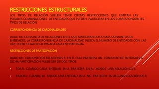 RESTRICCIONES ESTRUCTURALES
LOS TIPOS DE RELACIÓN SUELEN TENER CIERTAS RESTRICCIONES QUE LIMITAN LAS
POSIBLES COMBINACIONES DE ENTIDADES QUE PUEDEN PARTICIPAR EN LOS CORRESPONDIENTES
TIPOS DE RELACIÓN
CORRESPONDENCIA DE CARDINALIDADES
DADO UN CONJUNTO DE RELACIONES EN EL QUE PARTICIPAN DOS O MÁS CONJUNTOS DE
ENTIDADES, LA CORRESPONDENCIA DE CARDINALIDAD INDICA EL NÚMERO DE ENTIDADES CON LAS
QUE PUEDE ESTAR RELACIONADA UNA ENTIDAD DADA.
RESTRICCIONES DE PARTICIPACIÓN
DADO UN CONJUNTO DE RELACIONES R EN EL CUAL PARTICIPA UN CONJUNTO DE ENTIDADES A,
DICHA PARTICIPACIÓN PUEDE SER DE DOS TIPOS:
• TOTAL: CUANDO CADA ENTIDAD EN A PARTICIPA EN AL MENOS UNA RELACIÓN DE R.
• PARCIAL: CUANDO AL MENOS UNA ENTIDAD EN A NO PARTICIPA EN ALGUNA RELACIÓN DE R.
 