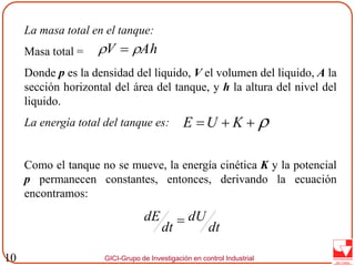 GICI-Grupo de Investigación en control Industrial10
La masa total en el tanque:
Masa total =
Donde p es la densidad del liquido, V el volumen del liquido, A la
sección horizontal del área del tanque, y h la altura del nivel del
liquido.
La energía total del tanque es:
Como el tanque no se mueve, la energía cinética K y la potencial
p permanecen constantes, entonces, derivando la ecuación
encontramos:
AhV  
 KUE
dt
dU
dt
dE 
 