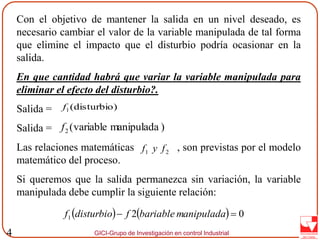GICI-Grupo de Investigación en control Industrial4
Con el objetivo de mantener la salida en un nivel deseado, es
necesario cambiar el valor de la variable manipulada de tal forma
que elimine el impacto que el disturbio podría ocasionar en la
salida.
En que cantidad habrá que variar la variable manipulada para
eliminar el efecto del disturbio?.
Salida =
Salida =
Las relaciones matemáticas , son previstas por el modelo
matemático del proceso.
Si queremos que la salida permanezca sin variación, la variable
manipulada debe cumplir la siguiente relación:
)disturbio(1f
)manipuladavariable(2f
21 fyf
    021  manipuladabariablefdisturbiof
 