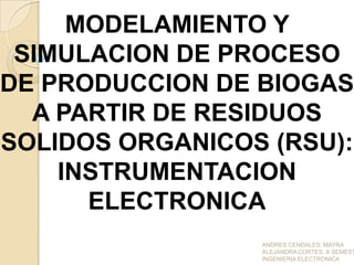 MODELAMIENTO Y
SIMULACION DE PROCESO
DE PRODUCCION DE BIOGAS
A PARTIR DE RESIDUOS
SOLIDOS ORGANICOS (RSU):
INSTRUMENTACION
ELECTRONICA
ANDRES CENDALES; MAYRA
ALEJANDRA CORTES, X SEMEST
INGENIERIA ELECTRONICA
 