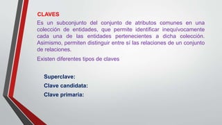 CLAVES
Es un subconjunto del conjunto de atributos comunes en una
colección de entidades, que permite identificar inequívocamente
cada una de las entidades pertenecientes a dicha colección.
Asimismo, permiten distinguir entre sí las relaciones de un conjunto
de relaciones.
Existen diferentes tipos de claves
Superclave:
Clave candidata:
Clave primaria:
 