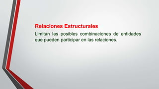 Relaciones Estructurales
Limitan las posibles combinaciones de entidades
que pueden participar en las relaciones.
 