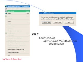 2
FILE
-) NEW MODEL
NEW MODEL INITIALIZATION
DEFAULT.EDB
Ing° Carlos E. Ramos Brast
 