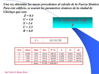 47
Una vez obtenidas las masas procedemos al calculo de la Fuerza Sismica
Para este edificio, se usaran los parametros sismicos de la ciudad de
Chiclayo que son:
Z = 0.4
U = 1.0
S = 1.4
C = 2.5
R = 6.0
V = Z*U*S*C * ΣP
R
Ing° Carlos E. Ramos Brast
 