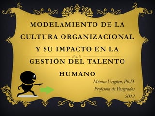 MODELAMIENTO DE LA
CULTURA ORGANIZACIONAL
  Y SU IMPACTO EN LA
 GESTIÓN DEL TALENTO
       HUMANO
              Mónica Urigüen, Ph.D.
              Profesora de Postgrados
                                2012
 