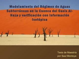 Modelamiento del Régimen de Aguas
Subterráneas en la Cuenca del Oasis Al-
  Haza y verificación con Información
                Isotópica




                             Tesis de Maestría
                             por Saul Montoya
 
