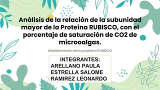 Análisis de la relación de la subunidad
mayor de la Proteína RUBISCO, con el
porcentaje de saturación de CO2 de
microoalgas.
Modelamiento de la proteína RUBISCO
 