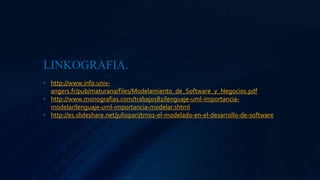LINKOGRAFIA.
• http://www.info.univ-
angers.fr/pub/maturana/files/Modelamiento_de_Software_y_Negocios.pdf
• http://www.monografias.com/trabajos82/lenguaje-uml-importancia-
modelar/lenguaje-uml-importancia-modelar.shtml
• http://es.slideshare.net/juliopari/tm01-el-modelado-en-el-desarrollo-de-software
 