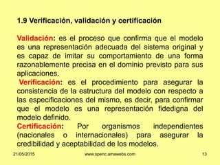 1.9 Verificación, validación y certificación
Validación: es el proceso que confirma que el modelo
es una representación adecuada del sistema original y
es capaz de imitar su comportamiento de una forma
razonablemente precisa en el dominio previsto para sus
aplicaciones.
Verificación: es el procedimiento para asegurar la
consistencia de la estructura del modelo con respecto a
las especificaciones del mismo, es decir, para confirmar
que el modelo es una representación fidedigna del
modelo definido.
Certificación: Por organismos independientes
(nacionales o internacionales) para asegurar la
credibilidad y aceptabilidad de los modelos.
21/05/2015 www.openc.amawebs.com 13
 