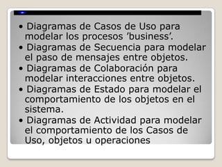 • Diagramas de Casos de Uso para
 modelar los procesos ’business’.
• Diagramas de Secuencia para modelar
 el paso de mensajes entre objetos.
• Diagramas de Colaboración para
 modelar interacciones entre objetos.
• Diagramas de Estado para modelar el
 comportamiento de los objetos en el
 sistema.
• Diagramas de Actividad para modelar
 el comportamiento de los Casos de
 Uso, objetos u operaciones
 