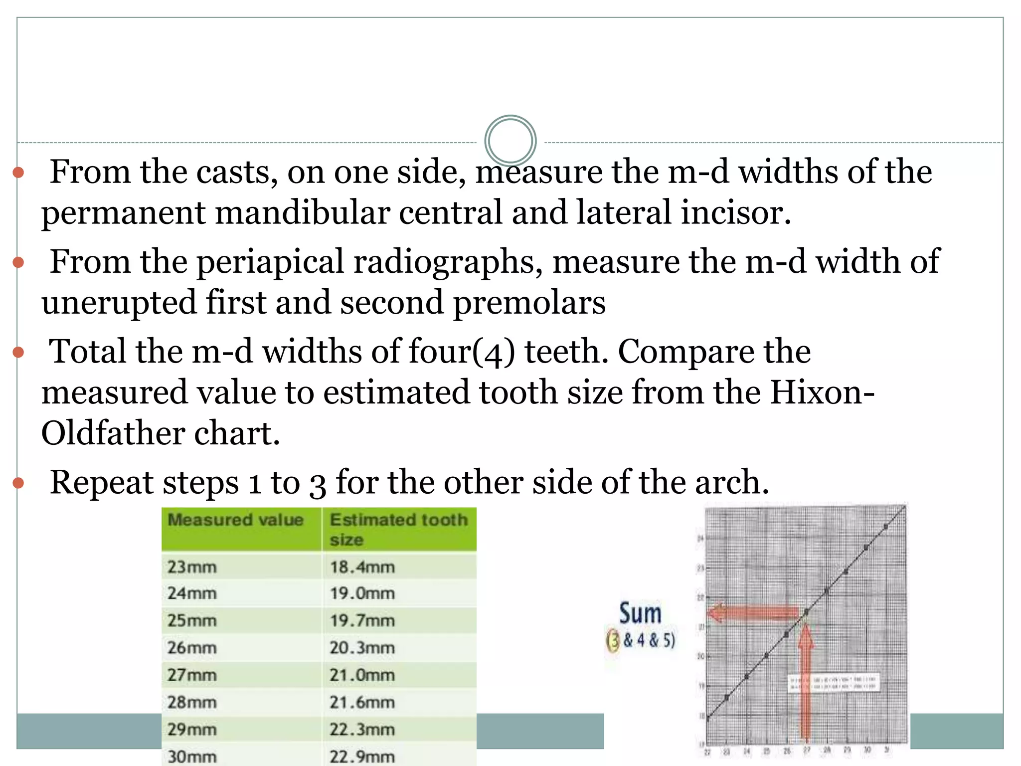  From the casts, on one side, measure the m-d widths of the
permanent mandibular central and lateral incisor.
 From the periapical radiographs, measure the m-d width of
unerupted first and second premolars
 Total the m-d widths of four(4) teeth. Compare the
measured value to estimated tooth size from the Hixon-
Oldfather chart.
 Repeat steps 1 to 3 for the other side of the arch.
 